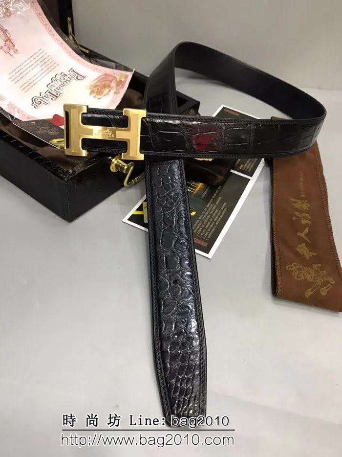愛馬仕HERMES A級鱷魚肚皮 秋冬新品 整條無拼接 高端男士皮帶 HHG1870